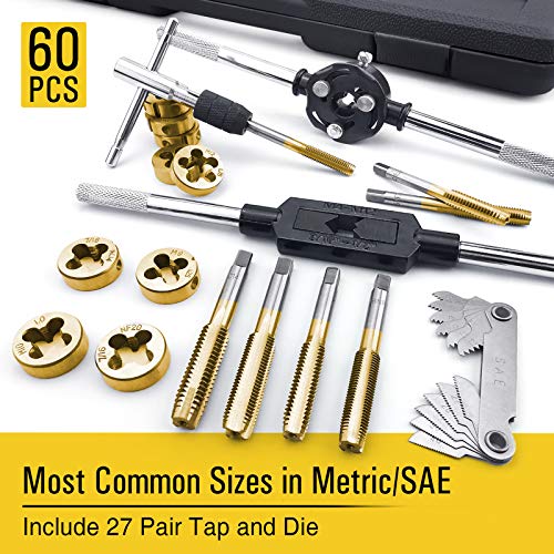 Azuno 60PCS Metric&SAE Tap and Die Set, Titanium Coated GCr15 Bearing Steel with T-Handle/Wrench/Gauge/Screwdriver in Storage Case, Master Threading Toolkit - Thumbnail 2