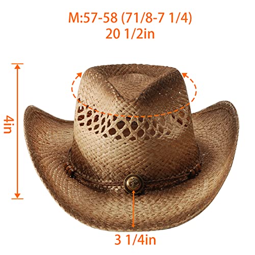 Image of Men's Cowboy Hats Summer Women Beach Cowgirl Hat Raffia Unisex Western Sun Hat