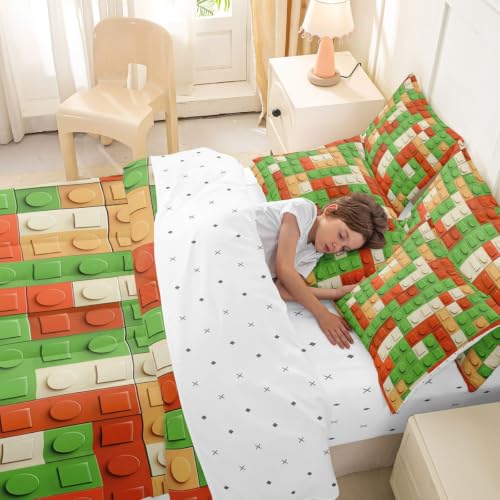 Image of Feelyou Building Block Print 7 Piece Bedding Set Full Size Kids Brick Styles Comforter Set with Sheets for Boys Teens Colorful Gaming Bed in a Bag Green Red Yellow Room Decor