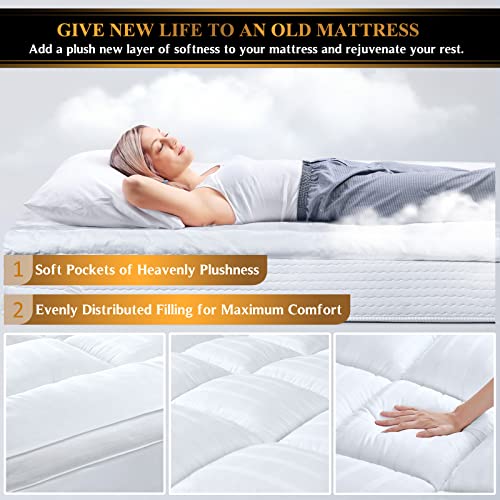 Extra Thick Pillow Top 3 Inch Mattress Topper King Size For Firm Mattress, Cooling Fluffy Cotton Hotel Mattress Bed Topper For Cloud Like Sleep & Back Pain, Plush Soft Pad, Fit To 6”-22” Mattress #TOP5