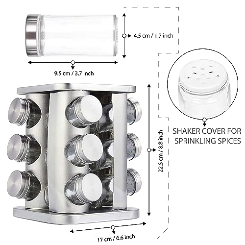 Image of Bigkart Revolving Stainless Steel Spice Rack | Seasonings & Spices Storage Organizer | Set of 12 Jars - Glass & Stainless Steel (Circle)
