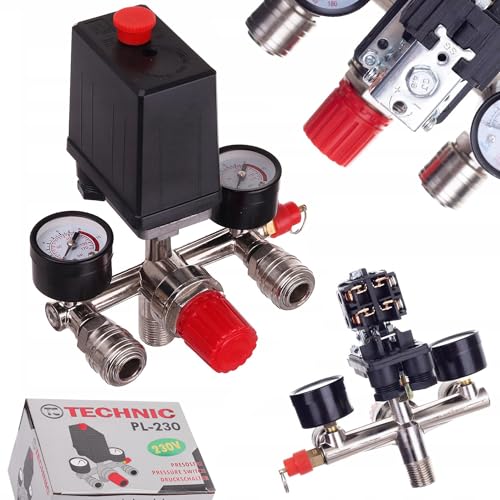 Druckregler 230 V mit Druckschalter mit 2 Messanzeigen von 0 bis 12 bar, Außengewinde 1/2“ (~21 mm), Druckschalter für 230V Kompressor, Druckluft Kompressor, Abschaltautomatik, TYP PL-230