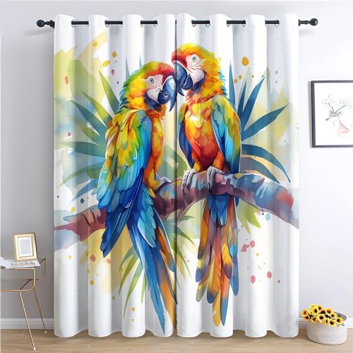 Isolation Thermique à Œillets Rideau 140x160 cm, Occultants Imprimé Rideau Peinture des Oiseaux Animaux Aquarelle Perroquet, Anti-Bruit Rideau Décoratif...