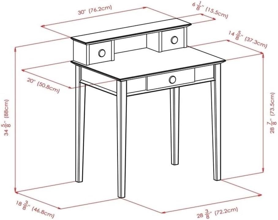 Pemberly Row Transitional Solid Wood Writing Desk with Hutch, Honey Brown Finish, 34.65"H x 30"W x 20.19"D, Three Drawers and Shelves, Durable Home Office Desk for Stationery Storage and Organization