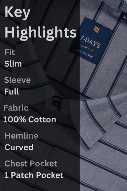 Image of 7-DAYS Men's Premium Striped Shirt - 100% Cotton, Tailored Fit (Between Slim & Regular), Full Sleeve, with Pocket - Smart Office & Casual Look