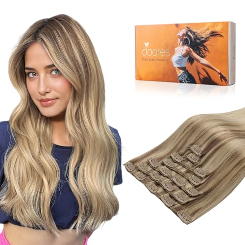 Image of DOORES Drity Blonde Clip in Hair Extensions Human Hair, Balayage Medium Copper to Sandy Blonde 18 Inch 120g 7pcs, Clip in Hair Extensions Remy Weft Natural Straight Weft for Women