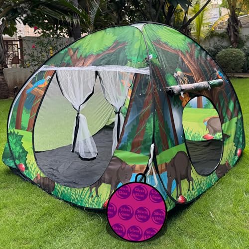 Image of Foldable Play Tent House Big Size for Girl Boys with Jungle Theme Pop-Up Indoor & Outdoor Playhouse for Girls Boys| Multi Purpose Tent with Fun Patterns Easy Setup & Portable (Green Orange)