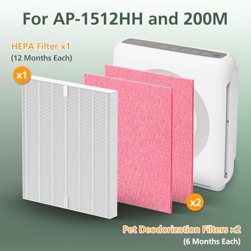 AP-1512HH & 200M Filter Compatible with Coway Airmega AP-1512HH and 200M Air Purifiers, Compared to Part # 3304899, 1 Efficient Filter and 2 Pet Care Pre-Filters, Pink