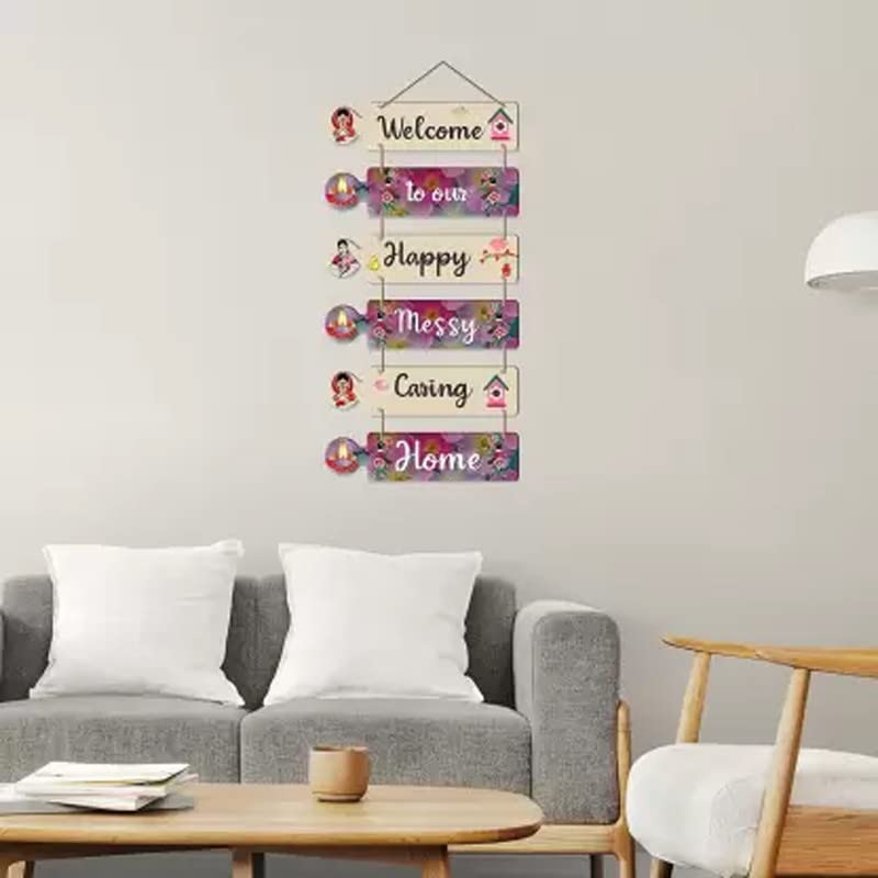 Image of Welcome to Our Happy Messy Caring Home Wall Hanging Decor | Wooden Hanging Quote for Living Room, Bedroom, Entrance | Home Decoration Item