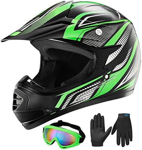ILM Youth Kids ATV Motocross Helmet Goggles Sports Gloves Dirt Bike Motorcycle Off Road DOT Approved B07 (Youth-XL, Green/Silver)
