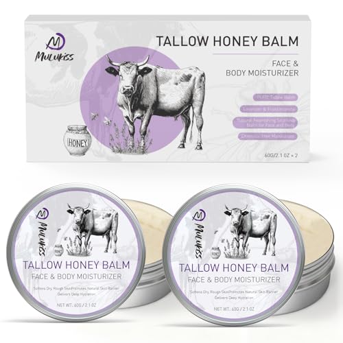 Mulukiss Beef Tallow for Skin – 2 Pcs Grass-Fed Tallow and Raw Honey Balm with Lavender Essential Oil, Natural Tallow Face Moisturizer & Beef Tallow for Face, Nourishing Hydrating Balm