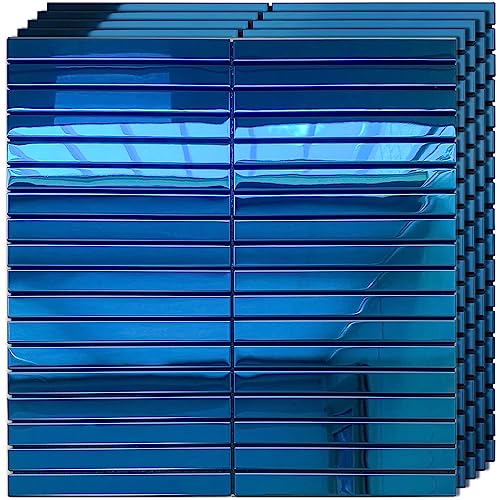 Homeymosaic 10-Sheets Stainless Steel Backsplash Peel And Stick On Kitchen Laundry Fireplace Subway Brick Tiles In Polished Blue #TOP11
