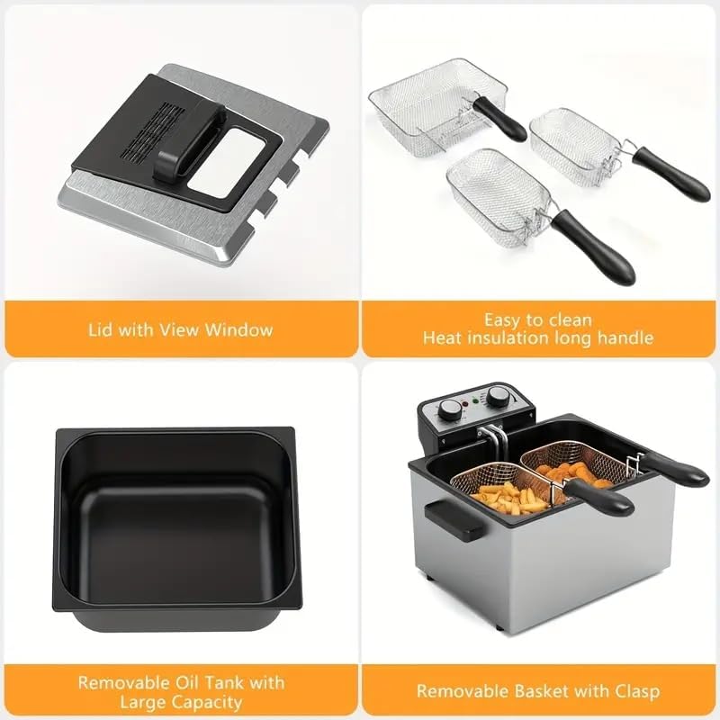 1800W Electric Deep Fryer, 5 Liters Large Tank Stainless Steel Deep Fryer, Immersion Element Deep Fryer with 3 Frying Baskets, Electric Oil Fryer for Kitchen, Temperature Control, View Window Lid Large SILVER