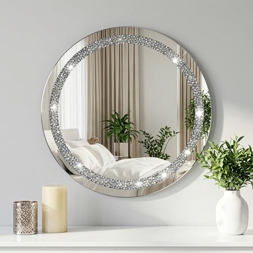 GreenWhim 50cm Round Jewel Wall Mirror Crystal Effect Diamante Style Decorative Mirror Ready to Hang for Bedroom Living Room Hallway Bathroom