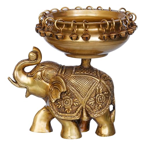 Image of eCraftIndia Golden Brass Urli on Elephant Statue with Bells| Urli for Floating Flowers Decorative Showpiece Brass for Home Decor Office | Diwali Decoration Items | Gift for Housewarming Birthday