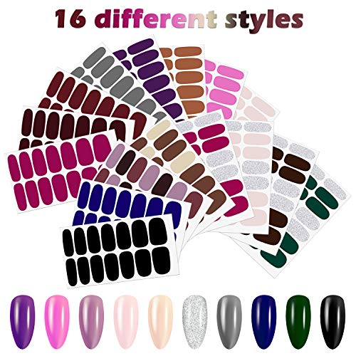 224 Pieces 16 Sheets Nail Polish Stickers Self-Adhesive Polish Wraps Stickers Classic Solid Glitter Adhesive Full Wraps Strips Nail Design Polish Decals With Nail File For Women Girls (Multicoloured) #TOP2