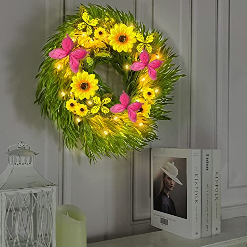 18" Prelit Summer Wreath Front Door Decor Artificial Sunflower Fall Wreath 30 Lights ,Battery Operated Boxwood Summer Wreath Decoration Spring Indoor Outdoor Home Window Wall Farmhouse #TOP3