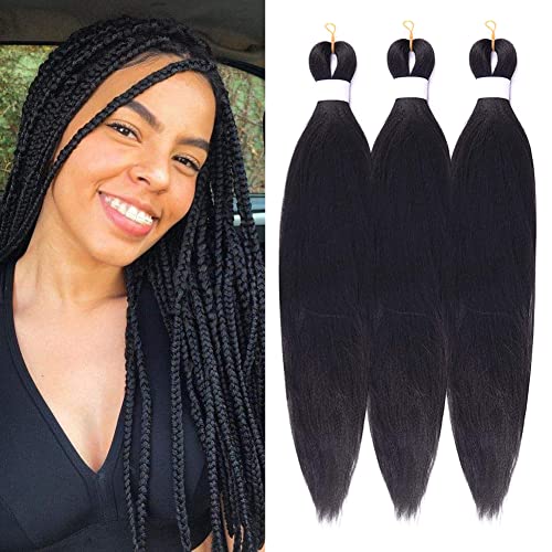 Pre-Stretched Braiding Hair 3 Packs 26 Inch Black Braiding Hair Pre Stretched Easy Braid Hair Hot Water Setting Synthetic Fiber Crochet Braiding Hair Extension 90g/pack (#1B)