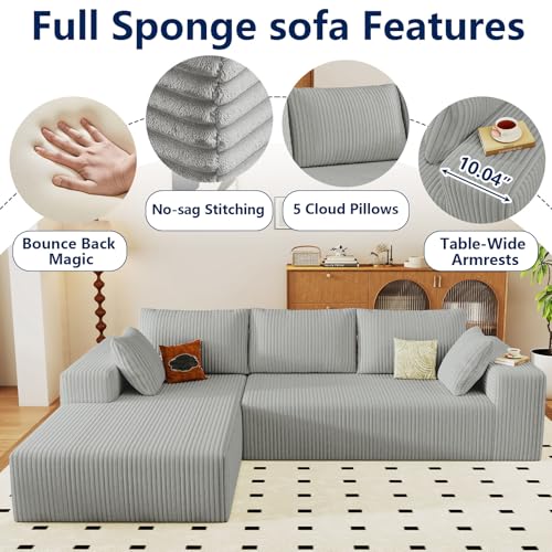 Image of 96 inch Modular Sectional Sofa, Modern Corduroy Cloud Couch with Deep Seat, Boneless Couch Upholstered 3-Seater L-Shaped Sofa for Living Room, No Assembly Required (Light Grey, Left-Facing Chaise)