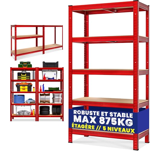 Monzana® Étagère Charge Lourde Rouge 5 Niveaux 180x90x40cm Étagère métallique Max 875kg Rangement Garage Atelier