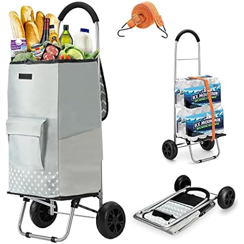 WONSEFOO Shopping Trolley, 2 in 1 Lightweight Folding Shopping Cart with Waterproof Grey Large Capacity Shopping Bag, Hard Wearing & Easy Storage, Adjustable Bungee Cord - 2 Noiseless Wheels Cover