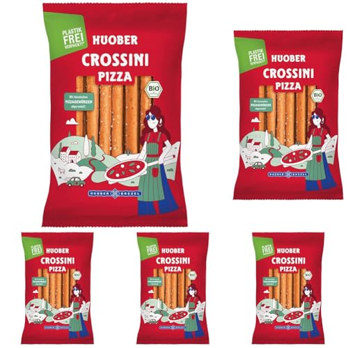 Huober Crossini Pizza, Bio Gebäckstangen mit klassischen Pizzagewürzen, locker und herzhaft, plastikfrei verpackt, 100 g (Packung mit 5)