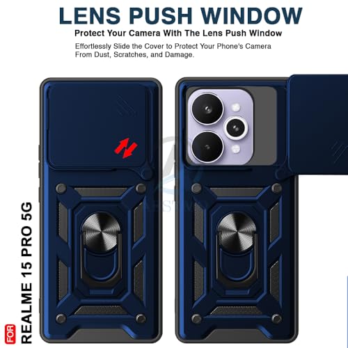 Image of AESTMO Tough Armor Realme 15 Pro 5G Bumper Back Case Cover | Ring Holder & Sliding Camera Shield Cover | 360 Degree Protection Back Case Cover for Realme 15 Pro 5G (Blue)