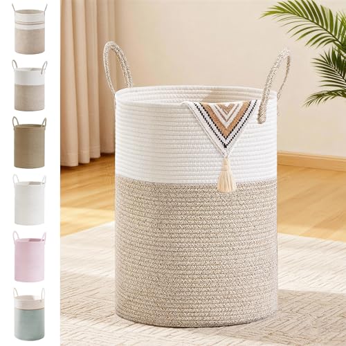 Image of 53L Tall Cotton Rope Laundry Basket with Handles, Brown