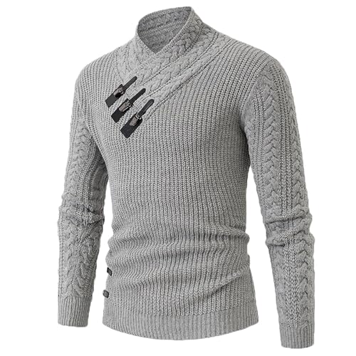 Men's Autumn and Winter Half High Neck Cross with Leather Buckle Knitted Sweater Slim Fit Long Sleeve Tops,M,Grey