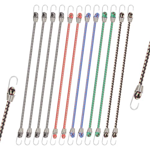 JiYin 12-Pack Mini Bungee Cord Set with Hooks - Heavy-Duty Rubber Elastic Cords for Hanging, Outdoor Camping - Multicolor Polka Dots