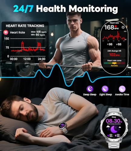 Image of LIGE Military Smart Watches for Men(2 Bands),1000mAh /1.85 inch HD Large Screen Smartwatch, Flashlight /110+ Sports Modes /IP68 Waterproof /Sleep Monitor, Fitness Tracker Watch for iOS Android,Silver