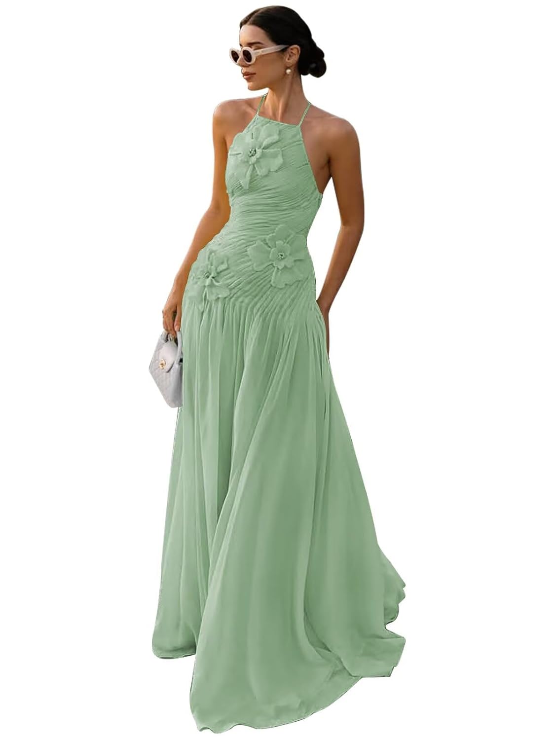Mollyevers Halter Chiffon Bridesmaid Dresses for Women Long Ruched 3D Flower Appliques Formal Prom Dress