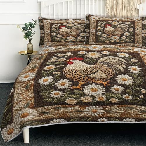 Farmhouse Rooster Floral Quilt Set Full/Queen, Daisy Chicken Bedding with