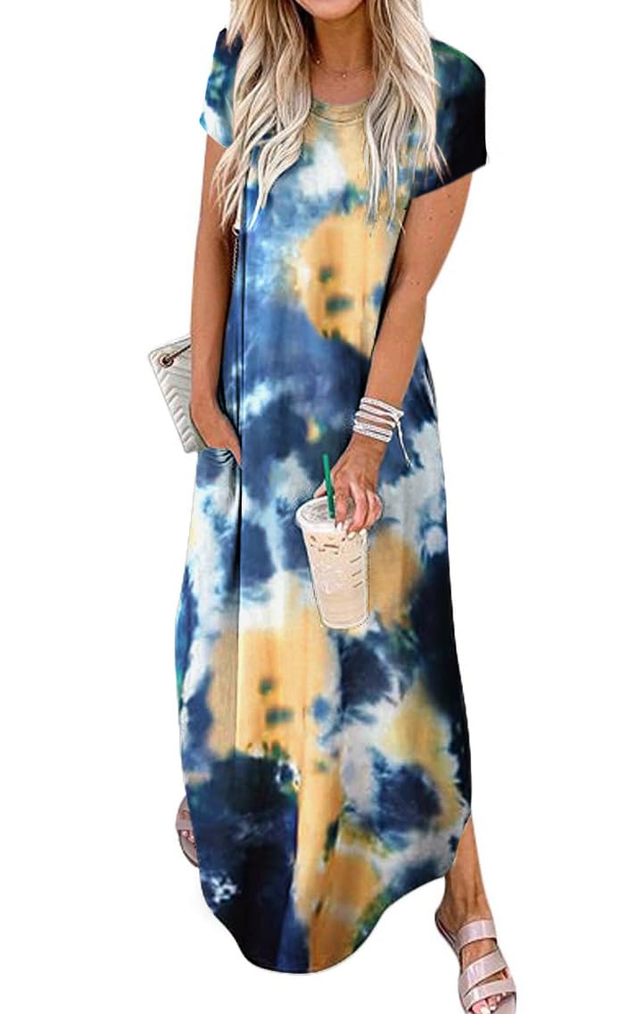 Jeqeocafy Women Summer Long Sundress Crewneck Short Sleeve Maxi Dress 2026 Casual Loose Beach Dress with Pockets