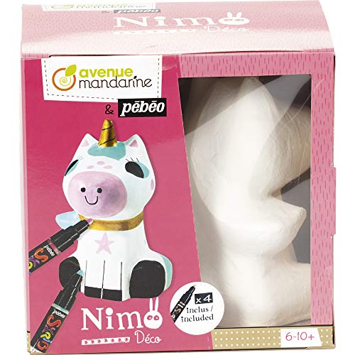 Avenue Mandarine Pp032C – Caja Nimo Déco Michele La Unicornio Que Incluye Un Unicornio De Papel Pulpado Blanco, 13,5 X 10 X 21 Cm, 3 Sobres De 14 X 14 Cm Y 4 Rotuladores Skrib Pébéo