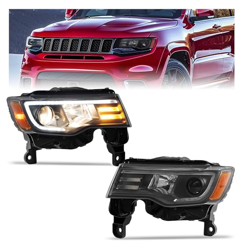 HECASA Pair Projector Headlight Compatible with 2017-2022 Jeep Grand Cherokee Replacement for CH2502297 CH2503297 68289235AF 68289234AF Headlamp Front Lamp w/LED Tube LH&RH - Clear Lens Black Housing