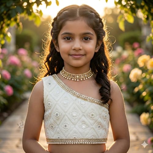 Image of Girls Floral Lehenga Choli Set | Georgette Embroidery Blouse with Organza Printed Lehenga Skirt | Elastic Waist Pull-On Kids Ethnic Wear for Wedding, Festival & Party