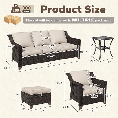 Image of 6 Piece Patio Furniture Set, Wicker Outdoor Conversation Set | Patio Chair Set with Olefin Removable Cushion, All-Weather Outdoor Couch with Deep Seat for Porch, Deck and Backyard, Beige