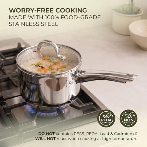 Image of SUNHOUSE 4 QT Stainless Steel Sauce Pan with Lid, Small Pot for Cooking | PFOA-Free Small Sauce Pot for Cooking & Milk Pan - Induction Compatible