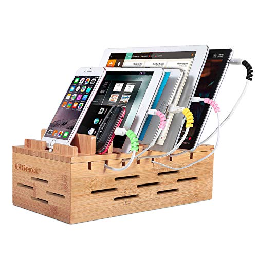 Ollieroo Bamboo Charging Station for Multiple Devices, Desktop Charging Docking Station Organizer for Cellphone, Tablet, with Air Vents
