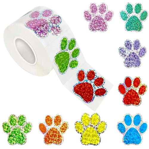Image of 500Pcs Cute Dog Paws Vinyl Stickers Roll 1in Glitter Stickers 8 Colors Cute Dog Footprints Label Tag Self-Adhesive Classroom Reward Waterproof Decals for Bottle Birthday Party Decor