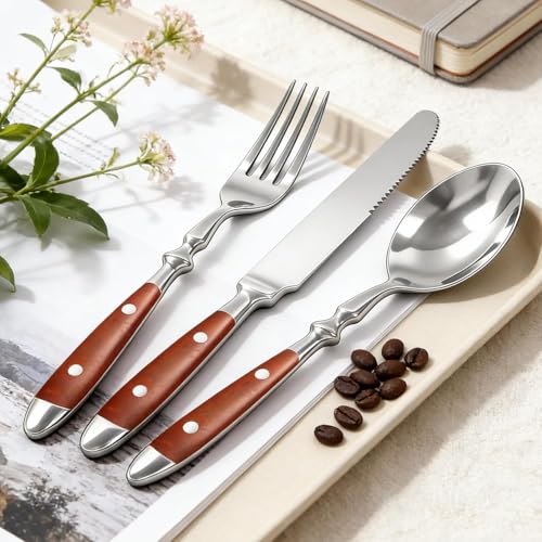 Cooluxry 20pcs Brown Silverware Set Service for 4,Vintage Flatware Set with Brown Bakelite Handle, Stainless Steel Cutlery Set, Dishwasher Safe
