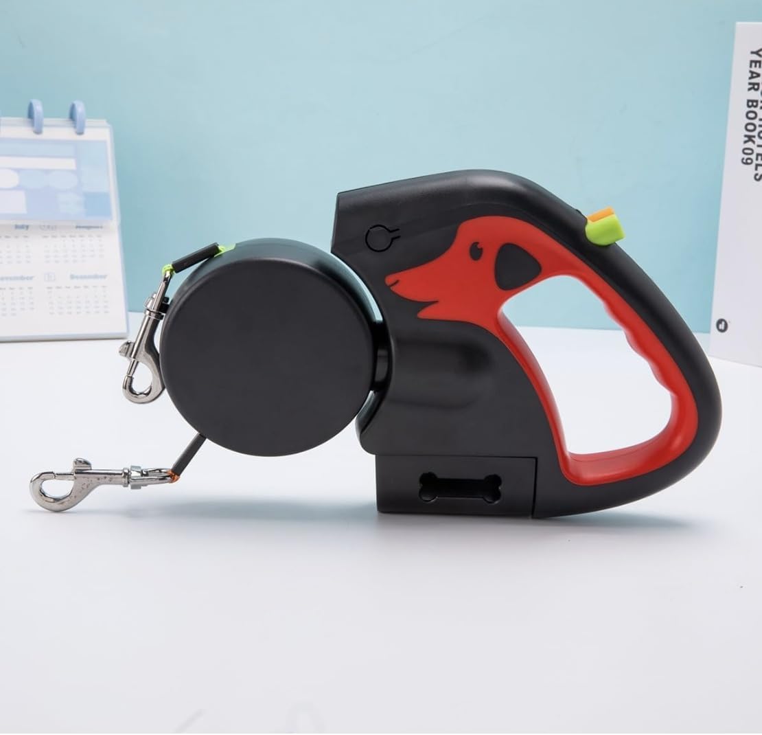 Retractable Double Dog Leash for 2 Dogs with 360 degrees Swivel，No Tangle 360 Technology, LED Flashlight, Poop Bag Holder, Reflective Leads for Safety,Dual Locking(Brown)(Red)
