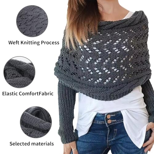 Scarf with Sleeves for Women, Knitted Cable Wrap, Multifunctional Crochet Shrug Sweater Wrap with Sleeves2
