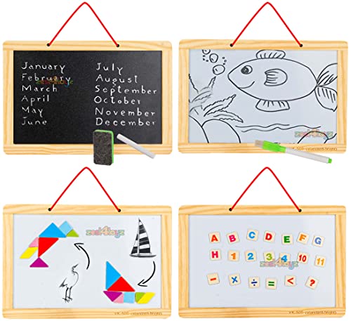 Image of Zest 4 Toyz Magnetic Wooden Writing Board for Kids Double-Sided Alphabet Number Puzzle Board with Whiteboard Chalkboard Eraser Marker and Tangram Set Fun Learning Toy for Boys and Girls