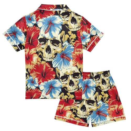 Red Blue Hibiscus Flower Skull Pajamas Set Summer Button Down Sleepwear Pjs Sets Comfy Loungewear2