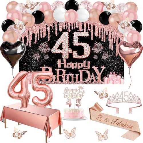 45th Birthday Decorations for Women 49pcs Black Rose Gold Black Happy 45th Birthday Banner Tablecloth Butterfly Decor Sash and Tiara Cake Topper Candles Balloons Arch