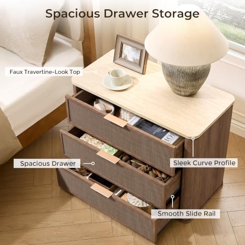 Image of Night Stand Set of 2, 30.71 inch W Rattan Nightstand with 3 Drawers, Faux Marble Top Bedside Table, Boho Mid Century End Table for Bedroom Living Room Sofa Office, Dark Oak [FSC Certified]