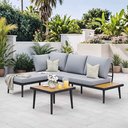 Image of Greesum Outdoor Sectional Sofa Set L-Shaped Metal Patio Furniture with All-Weather Cushions and Built-in Side Coffee Table for Garden, Lawn, Backyard, Poolside, Gray