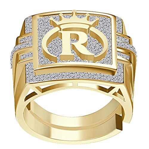 JewelBooth Men's Real Genuine Authentic 1.25 Ctw. VVS1 Natural MOISSANITE Diamond Initial Letter Alphabet Royal Crown Face Custom Ring 10K Gold Over Band Big 22mm (R)